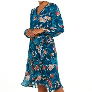 Womens Luxology Long Sleeve Floral V-Neck Midi Dress Size Large Faux Wrap